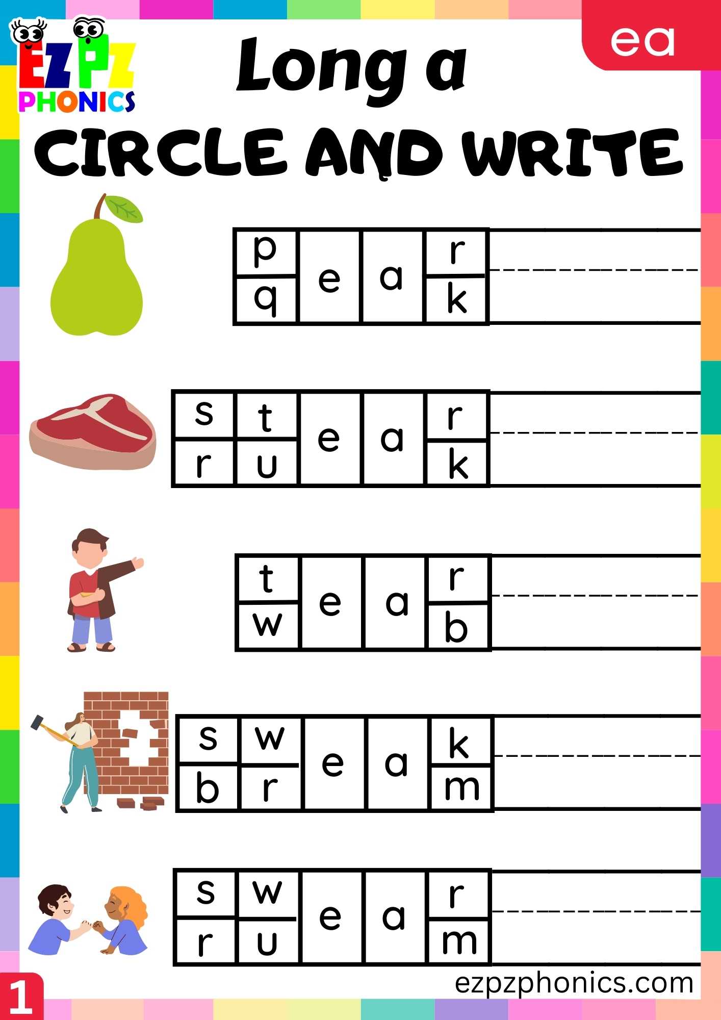 EA Words Circle And Write Long A Phonics Worksheet